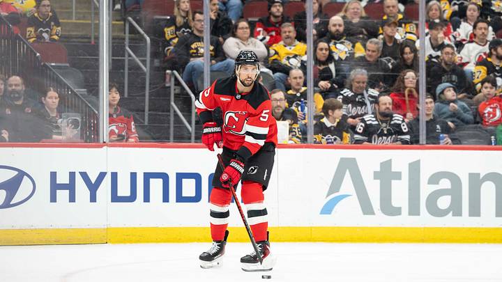 New Jersey Devils defenseman Brenden Dillon (5) skates with the puck during the first period against the Pittsburgh Penguins at Prudential Center. Mandatory Credit: Luther Schlaifer-Imagn Images New Jersey Devils defenseman Brenden Dillon (5) skates with the puck during the first period against the Pittsburgh Penguins at Prudential Center. Mandatory Credit: Luther Schlaifer-Imagn Images