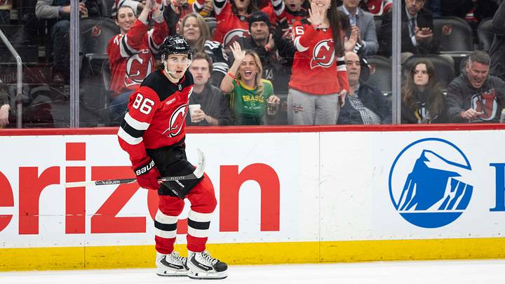 Apr 9, 2026; Newark, New Jersey, USA; New Jersey Devils center Jack Hughes (86) after his goal during the third period against the Pittsburgh Penguins at Prudential Center. Mandatory Credit: Luther Schlaifer-Imagn Images