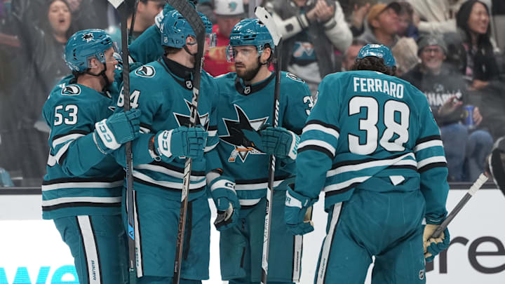 San Jose Sharks players Pavol Regenda, Jeff Skinner, Timothy Liljegren and Mario Ferraro San Jose Sharks players Pavol Regenda, Jeff Skinner, Timothy Liljegren and Mario Ferraro