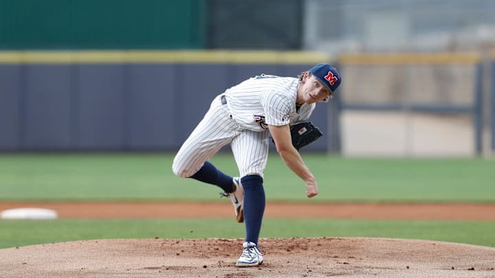 University of Mississippi baseball player Cade Townsend (10) throws a pitch during the first inning of the annual Governor's Cup game played against Mississippi State University. April 22, 2025, in Pearl, Miss.