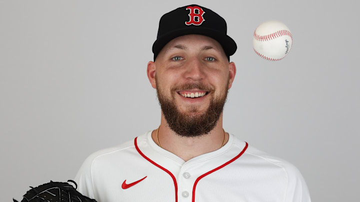 Feb 18, 2025; Lee County, FL, USA; Boston Red Sox pitcher Garrett Crochet (35) participates in media day at JetBlue Park at Fenway South. Mandatory Credit: Nathan Ray Seebeck-Imagn Images