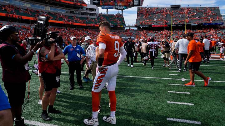 Cincinnati Bengals quarterback Joe Burrow speaks with Fox Sports after the Bengals won their home opener against the Tampa Bay Buccaneers at Paycor Stadium on September 13, 2026. Cincinnati Bengals quarterback Joe Burrow speaks with Fox Sports after the Bengals won their home opener against the Tampa Bay Buccaneers at Paycor Stadium on September 13, 2026.