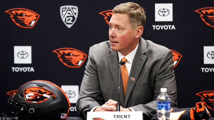 Trent Bray is formally introduced as Oregon State football   s head coach during a press conference on Wednesday, Nov. 29, 2023 at Oregon State University in Corvallis, Ore.