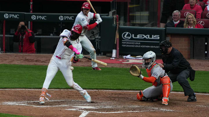 Reds Elly De La Cruz (44) swings during the Reds 149th Opening Day game played against the San Francisco Giants on Thursday March 27, 2025. The Giants won the game with a final score of 6-4.