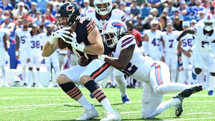 Aug 10, 2024; Orchard Park, New York, USA; Chicago Bears tight end Tommy Sweeney (47) is tackled by Buffalo Bills linebacker Dorian Williams (42) in the second quarter of a pre-season game at Highmark Stadium. Aug 10, 2024; Orchard Park, New York, USA; Chicago Bears tight end Tommy Sweeney (47) is tackled by Buffalo Bills linebacker Dorian Williams (42) in the second quarter of a pre-season game at Highmark Stadium.