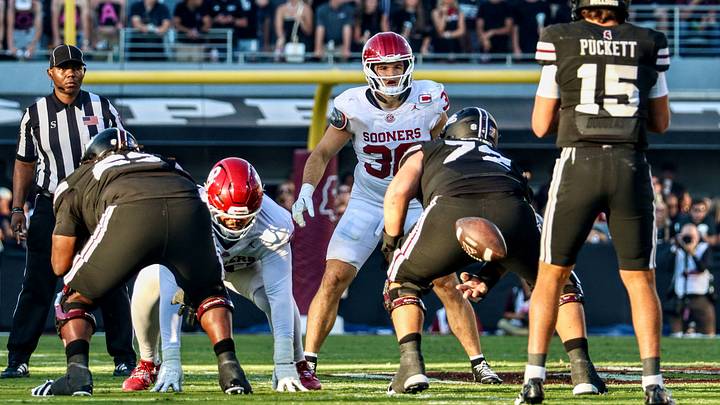 Oklahoma linebacker Owen Heinecke lines up against Mississippi State. The Sooners won the game 23-15 and Heinecke was named an SEC co-defensive player of the week. Oklahoma linebacker Owen Heinecke lines up against Mississippi State. The Sooners won the game 23-15 and Heinecke was named an SEC co-defensive player of the week.