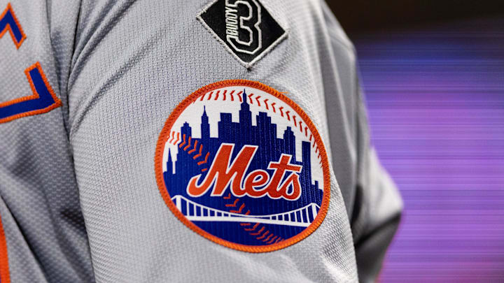 May 15, 2024; Philadelphia, Pennsylvania, USA; New York Mets logo on the sleeve of J.D. Martinez during a game against the Philadelphia Phillies at Citizens Bank Park. Mandatory Credit: Bill Streicher-Imagn Images