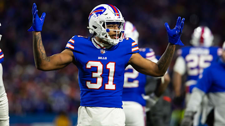 Buffalo Bills CB Rasul Douglas reacts against the Kansas City Chiefs in the 2024 AFC divisional round game at Highmark Stadium.