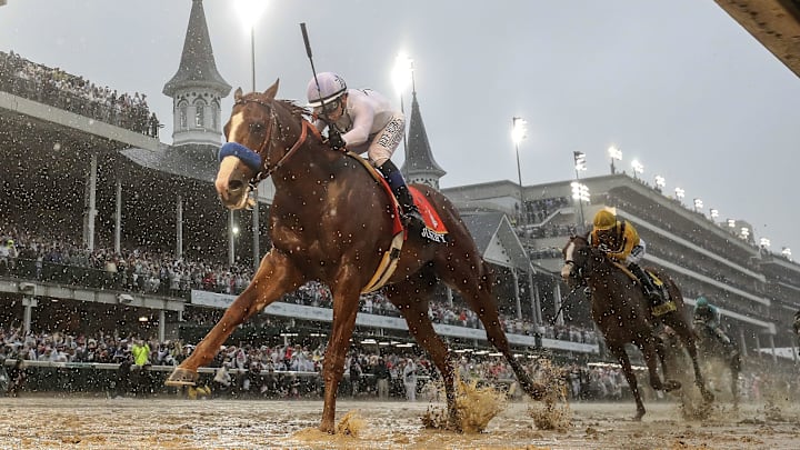 Justify, with Mike Smith aboard, wins the 144th running of the Kentucky Derby in 2018.