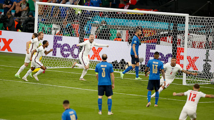 Luke Shaw opens the scoring for England in the Euro 2020 final