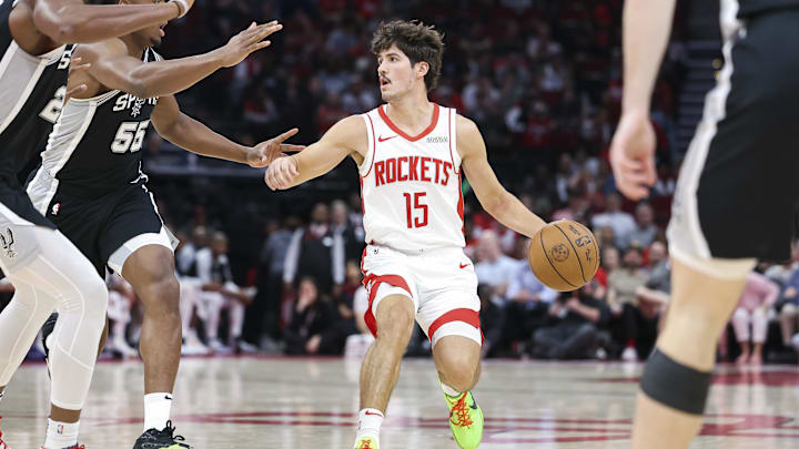 Nov 6, 2024; Houston, Texas, USA; Houston Rockets guard Reed Sheppard (15) dribbles the ball during the second half against the San Antonio Spurs at Toyota Center. Mandatory Credit: Troy Taormina-Imagn Images Nov 6, 2024; Houston, Texas, USA; Houston Rockets guard Reed Sheppard (15) dribbles the ball during the second half against the San Antonio Spurs at Toyota Center. Mandatory Credit: Troy Taormina-Imagn Images