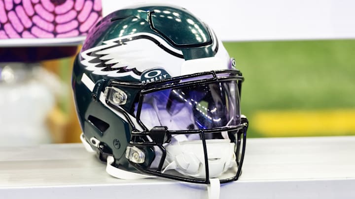 Feb 9, 2025; New Orleans, LA, USA; Detailed view of a Philadelphia Eagles helmet during Super Bowl LIX at Ceasars Superdome. Mandatory Credit: Mark J. Rebilas-Imagn Images Feb 9, 2025; New Orleans, LA, USA; Detailed view of a Philadelphia Eagles helmet during Super Bowl LIX at Ceasars Superdome. Mandatory Credit: Mark J. Rebilas-Imagn Images