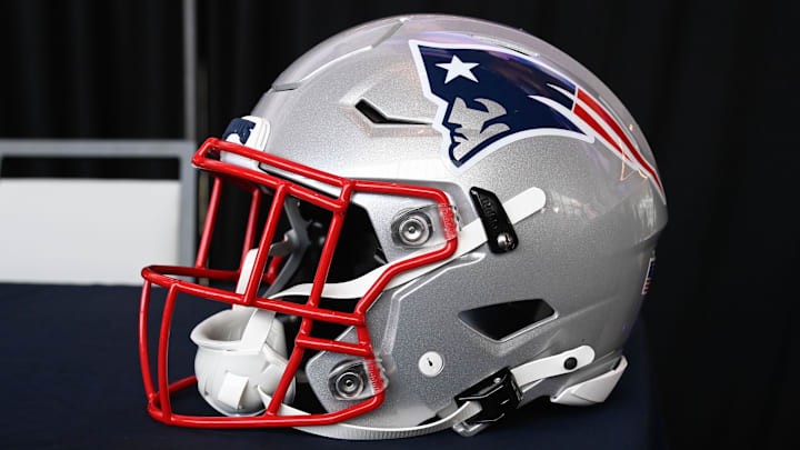 Jan 17, 2024; Foxborough, MA, USA; A New England Patriots helmet sits on a table at Gillette Stadium. Mandatory Credit: Eric Canha-Imagn Images