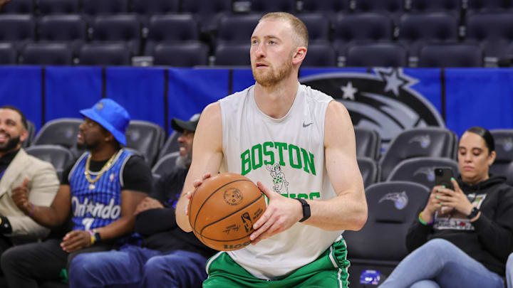 Apr 9, 2025; Orlando, Florida, USA; Boston Celtics forward Sam Hauser (30) warms up before the game against the Orlando Magic at Kia Center. Mandatory Credit: Mike Watters-Imagn Images