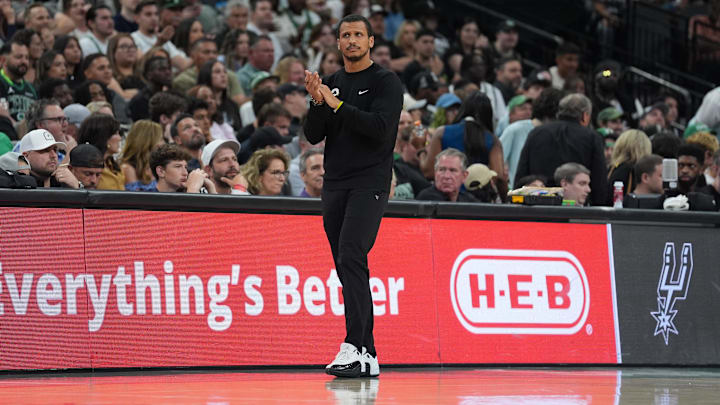 Mar 29, 2025; San Antonio, Texas, USA;  Boston Celtics head coach Joe Mazzulla looks on in the first half against the San Antonio Spurs at Frost Bank Center. Mandatory Credit: Daniel Dunn-Imagn Images