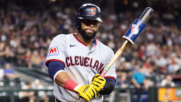 Aug 19, 2025: Cleveland Guardians first baseman Carlos Santana against the Arizona Diamondbacks at Chase Field. Aug 19, 2025: Cleveland Guardians first baseman Carlos Santana against the Arizona Diamondbacks at Chase Field.