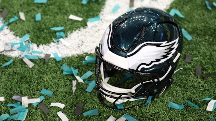 Feb 9, 2025; New Orleans, LA, USA; A Philadelphia Eagles player's helmet rests on the field after Super Bowl LIX against the Kansas City Chiefs at Caesars Superdome. Mandatory Credit: Geoff Burke-Imagn Images Feb 9, 2025; New Orleans, LA, USA; A Philadelphia Eagles player's helmet rests on the field after Super Bowl LIX against the Kansas City Chiefs at Caesars Superdome. Mandatory Credit: Geoff Burke-Imagn Images