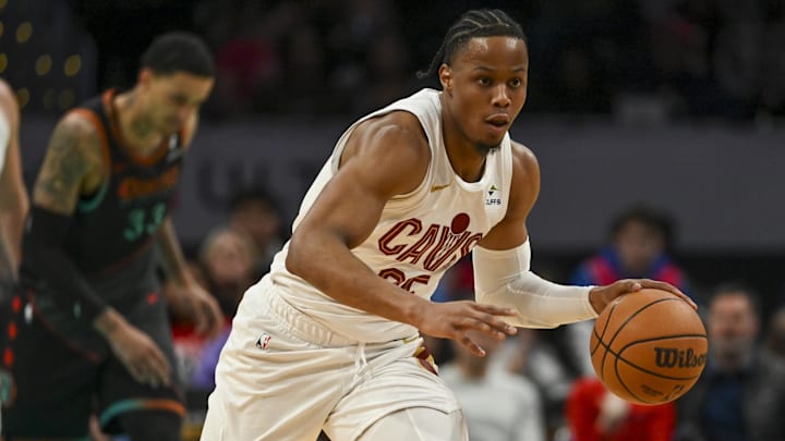 Feb 25, 2024; Washington, District of Columbia, USA;  Cleveland Cavaliers forward Isaac Okoro (35) dribbles during the second  half against the Washington Wizards at Capital One Arena. Mandatory Credit: Tommy Gilligan-Imagn Images