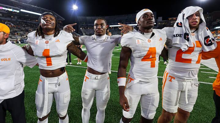Sep 12, 2026; Atlanta, Georgia, USA; Tennessee Volunteers defensive back TJ Metcalf (1) and defensive back Kayin Lee (14) and wide receiver Mike Matthews (4) and linebacker Jadon Perlotte (27) celebrates after a victory over the Georgia Tech Yellow Jackets at Bobby Dodd Stadium at Hyundai Field. Mandatory Credit: Brett Davis-Imagn Images Sep 12, 2026; Atlanta, Georgia, USA; Tennessee Volunteers defensive back TJ Metcalf (1) and defensive back Kayin Lee (14) and wide receiver Mike Matthews (4) and linebacker Jadon Perlotte (27) celebrates after a victory over the Georgia Tech Yellow Jackets at Bobby Dodd Stadium at Hyundai Field. Mandatory Credit: Brett Davis-Imagn Images