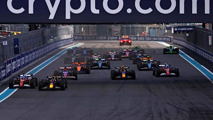 May 4, 2024; Miami Gardens, Florida, USA; Red Bull Racing driver Max Verstappen (1) leads the start of the F1 Sprint Race at Miami International Autodrome. Mandatory Credit: Peter Casey-Imagn Images May 4, 2024; Miami Gardens, Florida, USA; Red Bull Racing driver Max Verstappen (1) leads the start of the F1 Sprint Race at Miami International Autodrome. Mandatory Credit: Peter Casey-Imagn Images
