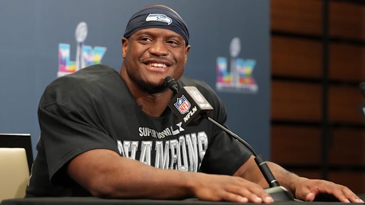 Feb 8, 2026; Santa Clara, CA, USA; Seattle Seahawks running back Kenneth Walker III (9) speaks in a press conference after defeating the New England Patriots in Super Bowl LX at Levi's Stadium. Mandatory Credit: Kirby Lee-Imagn Images
