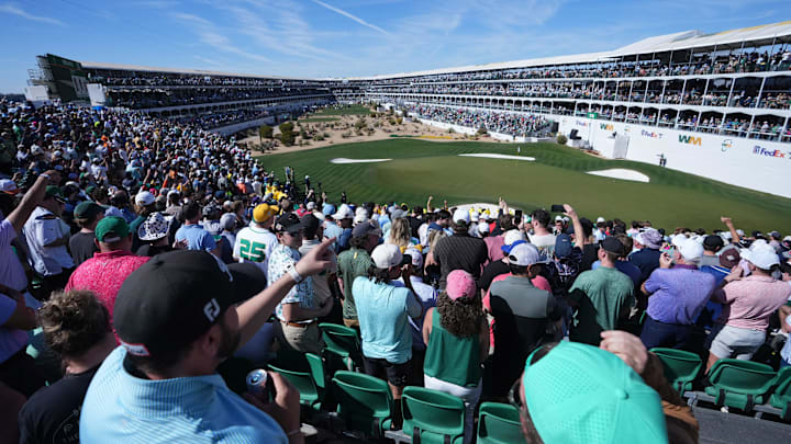 Grandstands and suites completely surround the 16th hole at TPC Scottsdale.