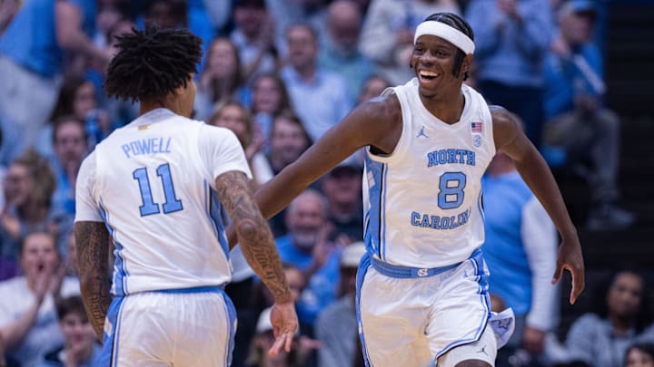 Dec 22, 2025; Chapel Hill, North Carolina, USA; North Carolina Tar Heels forward Caleb Wilson (8) celebrates during the first half against the East Carolina Pirates at Dean E. Smith Center. Mandatory Credit: Scott Kinser-Imagn Images