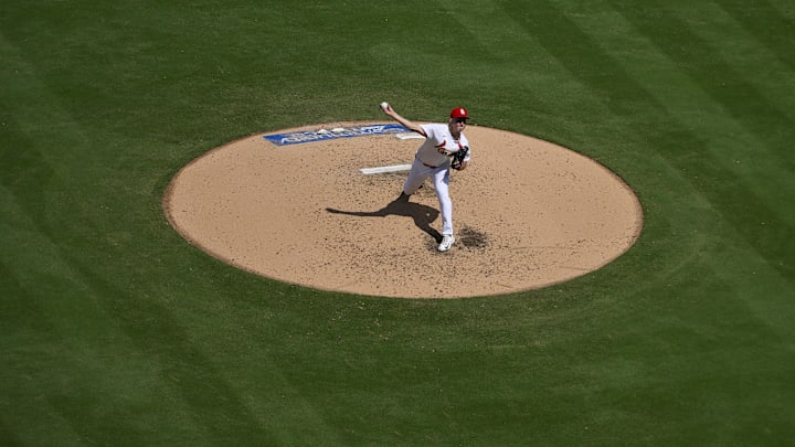 Aug 13, 2025; St. Louis, Missouri, USA;  St. Louis Cardinals starting pitcher Michael McGreevy (36) pitches against the Colorado Rockies during the fifth inning at Busch Stadium. Mandatory Credit: Jeff Curry-Imagn Images