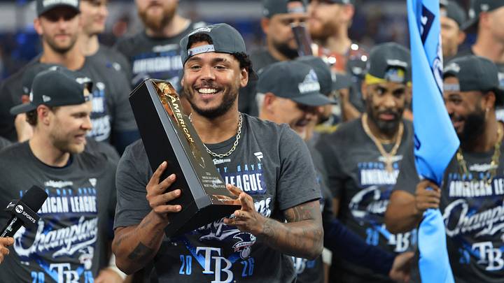 Oct 19, 2026; St. Petersburg, Florida, USA; Tampa Bay Rays pitcher Freddy Peralta (51) reacts after defeating the Cleveland Guardians in game six of the ALCS to advance to the World Series for the 2026 MLB Playoffs at Tropicana Field. Mandatory Credit: Kim Klement Neitzel-Imagn Images Oct 19, 2026; St. Petersburg, Florida, USA; Tampa Bay Rays pitcher Freddy Peralta (51) reacts after defeating the Cleveland Guardians in game six of the ALCS to advance to the World Series for the 2026 MLB Playoffs at Tropicana Field. Mandatory Credit: Kim Klement Neitzel-Imagn Images