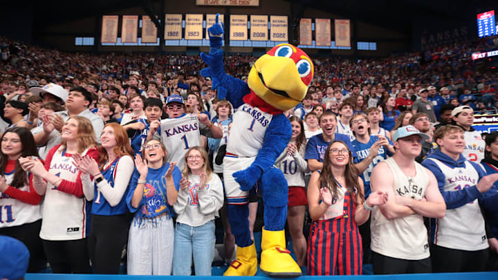 Kansas Jayhawks mascot Big Jay gets the crowd hyped during the game against BYU Cougars inside Allen Fieldhouse on Jan. 31, 2026.