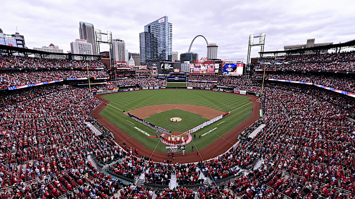 Apr 4, 2024; St. Louis, Missouri, USA; A general view during the national anthem before the St. Louis Cardinals home opener against the Miami Marlins at Busch Stadium. Mandatory Credit: Jeff Curry-USA TODAY Sports Apr 4, 2024; St. Louis, Missouri, USA; A general view during the national anthem before the St. Louis Cardinals home opener against the Miami Marlins at Busch Stadium. Mandatory Credit: Jeff Curry-USA TODAY Sports