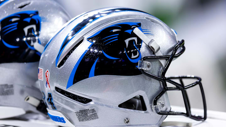 Sep 8, 2024; New Orleans, Louisiana, USA; Detailed view of the Carolina Panthers helmet against the New Orleans Saints during the pregame at Caesars Superdome. Mandatory Credit: Stephen Lew-Imagn Images Sep 8, 2024; New Orleans, Louisiana, USA; Detailed view of the Carolina Panthers helmet against the New Orleans Saints during the pregame at Caesars Superdome. Mandatory Credit: Stephen Lew-Imagn Images