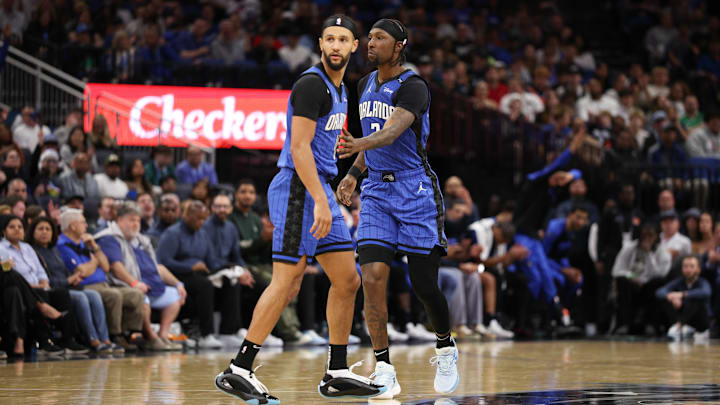 Orlando Magic guard Jalen Suggs (4) looks on after making a three point shot against the Oklahoma City Thunder in the second quarter at Kia Center.