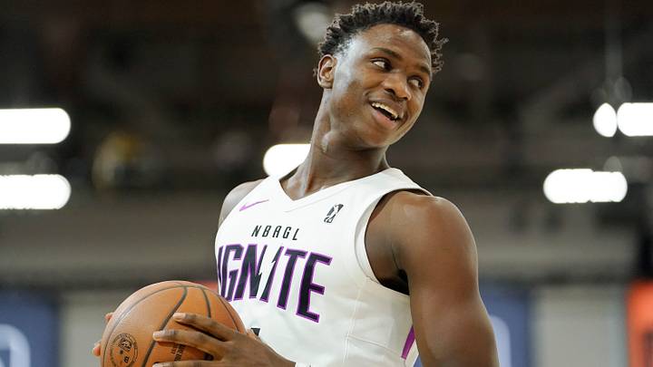 Dec 20, 2022; Las Vegas, NV, USA; NBA G League Ignite guard Babacar Sane (4) reacts during the first half against the Motor City Cruise at Mandalay Bay Convention Center. Mandatory Credit: Lucas Peltier-USA TODAY Sports Dec 20, 2022; Las Vegas, NV, USA; NBA G League Ignite guard Babacar Sane (4) reacts during the first half against the Motor City Cruise at Mandalay Bay Convention Center. Mandatory Credit: Lucas Peltier-USA TODAY Sports