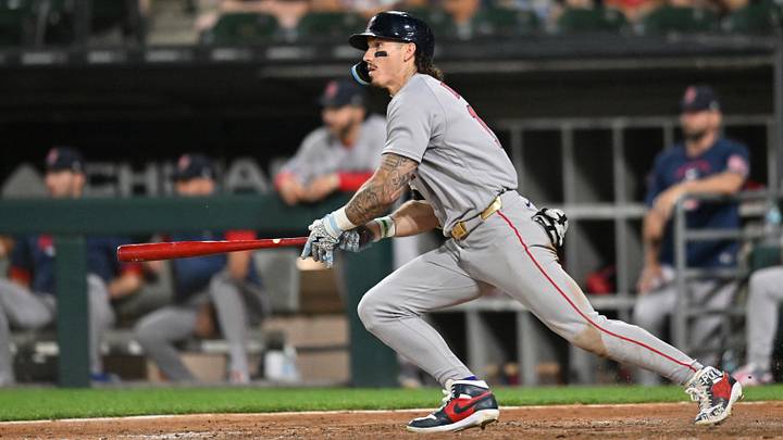 Jul 7, 2026; Chicago, Illinois, USA; Boston Red Sox left fielder Jarren Duran (16) hits a single RBI against the Chicago White Sox during the ninth inning at Rate Field. Mandatory Credit: Patrick Gorski-Imagn Images