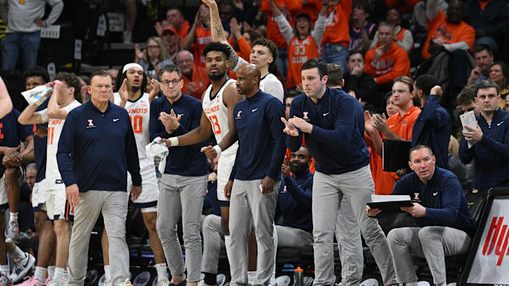 Mar 10, 2024; Iowa City, Iowa, USA; Illinois Fighting Illini head coach Brad Underwood (far left)