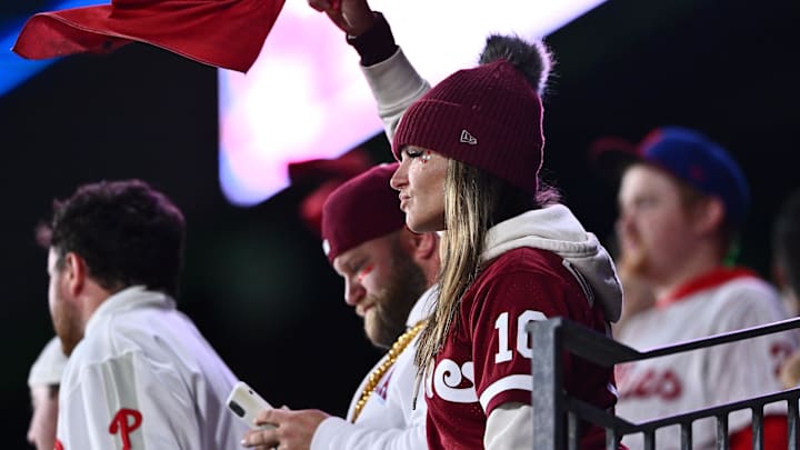 Philadelphia Phillies fans react during the ninth inning for game two of the NLCS for the 2023 MLB playoffs against the Arizona Diamondbacks at Citizens Bank Park.