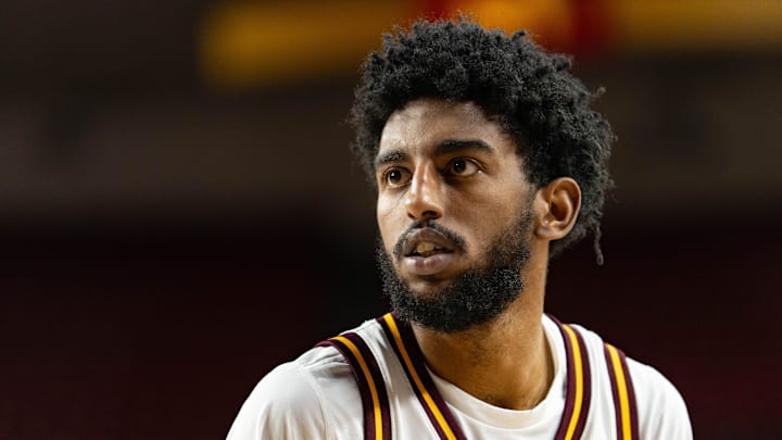 Arizona State Sun Devils Moe Odum (5) looks at the net before taking a shot during a game against the Southern Utah Thunderbirds at Desert Financial Arena in Tempe on Nov. 4, 2025.