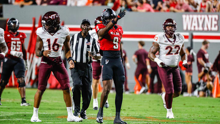 Sep 27, 2025; Raleigh, N.C.; NC State wide receiver Terrell Anderson (9) celebrates a down during the first half of the game. Sep 27, 2025; Raleigh, N.C.; NC State wide receiver Terrell Anderson (9) celebrates a down during the first half of the game.