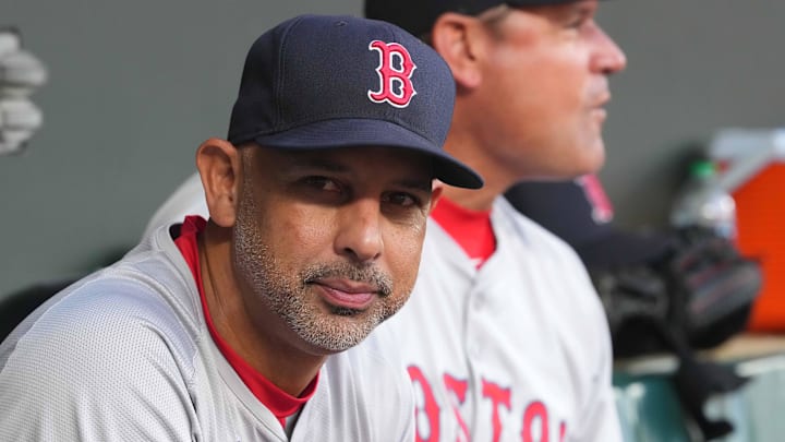 Aug 15, 2024; Baltimore, Maryland, USA; Boston Red Sox manager Alex Cora (left) and coach Andy Fox (right) prior to the game against the Baltimore Orioles at Oriole Park at Camden Yards. Mandatory Credit: Mitch Stringer-Imagn Images