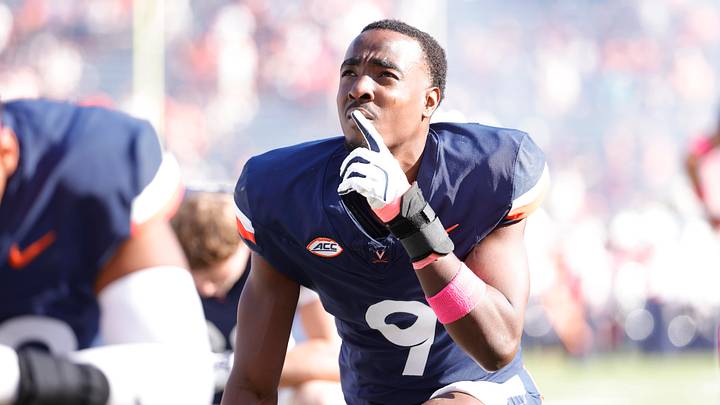 Oct 12, 2024; Charlottesville, Virginia, USA; Virginia Cavaliers cornerback Jam Jackson (9) knees in the end zone prior to the game against the Louisville Cardinals at Scott Stadium. Mandatory Credit: Amber Searls-Imagn Images Oct 12, 2024; Charlottesville, Virginia, USA; Virginia Cavaliers cornerback Jam Jackson (9) knees in the end zone prior to the game against the Louisville Cardinals at Scott Stadium. Mandatory Credit: Amber Searls-Imagn Images