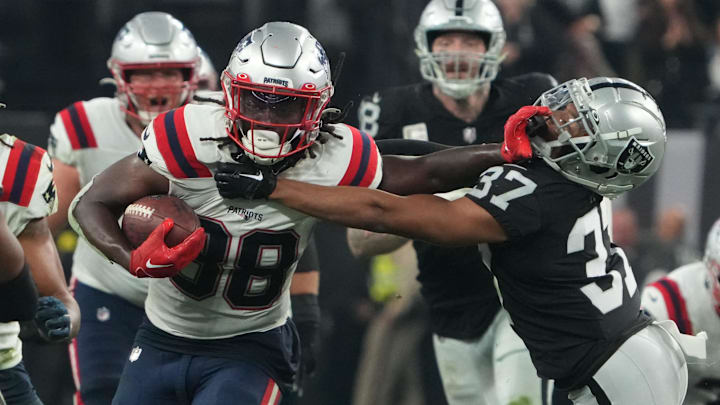 Dec 18, 2022; Paradise, Nevada, USA; New England Patriots running back Rhamondre Stevenson (38)