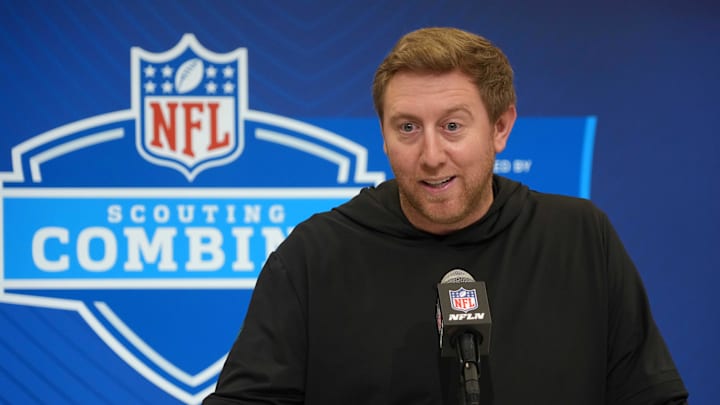 Feb 25, 2025; Indianapolis, IN, USA; Jacksonville Jaguars coach Liam Coen speaks during the NFL Scouting Combine at the Indiana Convention Center. Mandatory Credit: Kirby Lee-Imagn Images