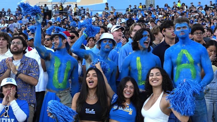 Oct 28, 2023; Pasadena, California, USA; UCLA Bruins fans react in the first half against the Colorado Buffaloes at the Rose Bowl. Mandatory Credit: Kirby Lee-Imagn Images