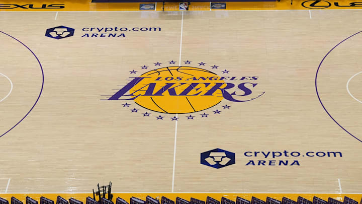 Dec 18, 2023; Los Angeles, California, USA; The Los Angeles Lakers logo at center court at the Crypto.com Arena. Mandatory Credit: Kirby Lee-Imagn Images