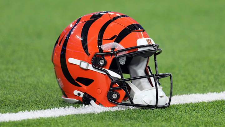 Nov 17, 2024; Inglewood, California, USA; A Cincinnati Bengals Riddell Speedflex helmet on the field at SoFi Stadium. Mandatory Credit: Kirby Lee-Imagn Images