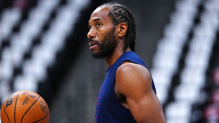 May 3, 2025; Denver, Colorado, USA; LA Clippers forward Kawhi Leonard (2) warms up before the game against the Denver Nuggets during game seven of first round for the 2025 NBA Playoffs at Ball Arena. Mandatory Credit: Ron Chenoy-Imagn Images May 3, 2025; Denver, Colorado, USA; LA Clippers forward Kawhi Leonard (2) warms up before the game against the Denver Nuggets during game seven of first round for the 2025 NBA Playoffs at Ball Arena. Mandatory Credit: Ron Chenoy-Imagn Images