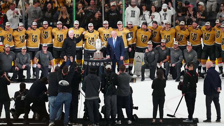 May 26, 2026; Las Vegas, Nevada, USA; Vegas Golden Knights and primary owner of the Vegas Golden Knights Bill Foley are presented with the Clarence S. Campbell Bowl by Deputy commissioner of the NHL Bill Daly after winning against the Colorado Avalanchein game four of the Western Conference Final of the 2026 Stanley Cup Playoffs at T-Mobile Arena. Mandatory Credit: Stephen R. Sylvanie-Imagn Images May 26, 2026; Las Vegas, Nevada, USA; Vegas Golden Knights and primary owner of the Vegas Golden Knights Bill Foley are presented with the Clarence S. Campbell Bowl by Deputy commissioner of the NHL Bill Daly after winning against the Colorado Avalanchein game four of the Western Conference Final of the 2026 Stanley Cup Playoffs at T-Mobile Arena. Mandatory Credit: Stephen R. Sylvanie-Imagn Images