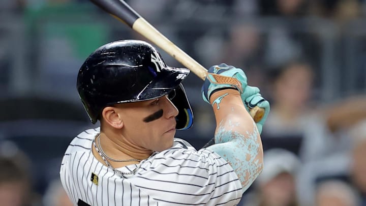 Sep 25, 2025; Bronx, New York, USA; New York Yankees right fielder Aaron Judge (99) follows through on a single against the Chicago White Sox during the fifth inning at Yankee Stadium. Mandatory Credit: Brad Penner-Imagn Images