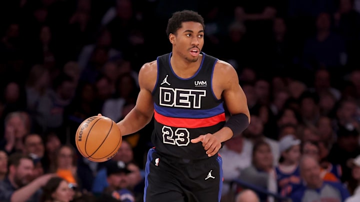 Mar 25, 2024; New York, New York, USA; Detroit Pistons guard Jaden Ivey (23) brings the ball up the court against the Knicks. 